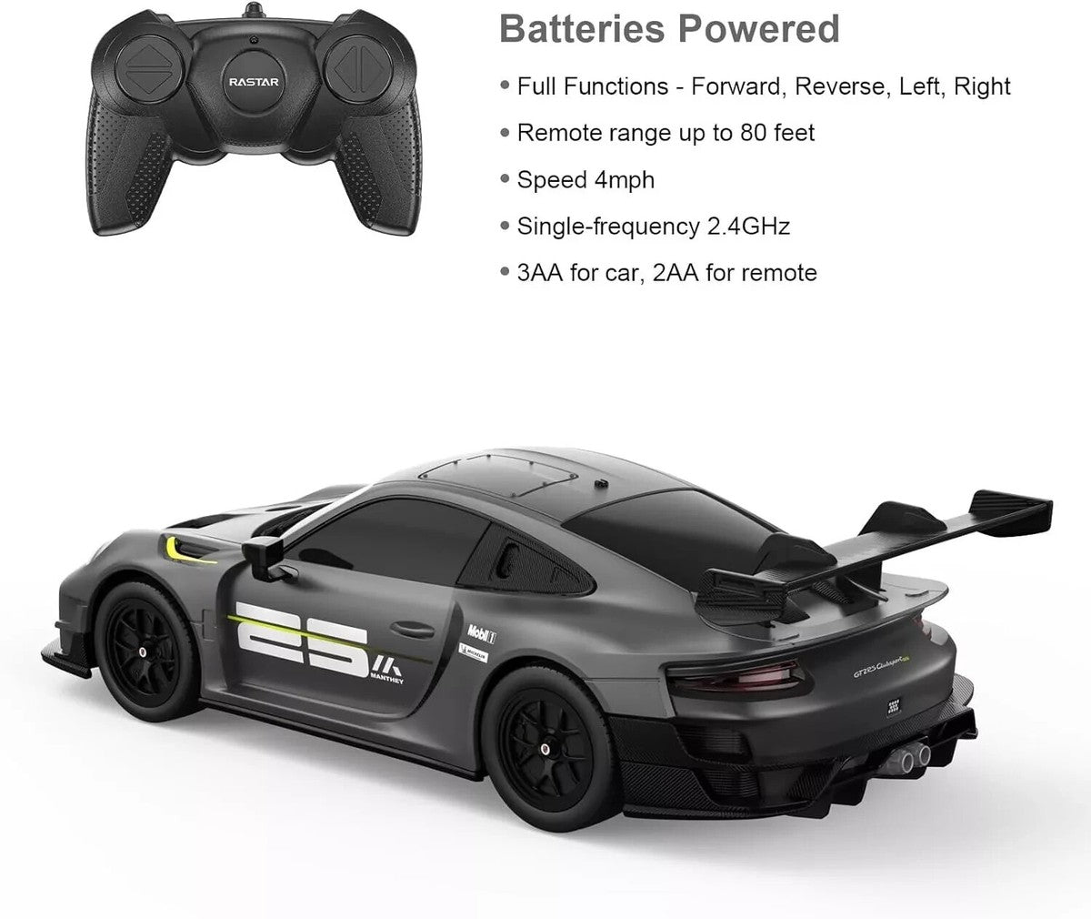 99700 Rastar RC 1:24 Porsche 911 GT2 Kids Remote Control Car - Grey