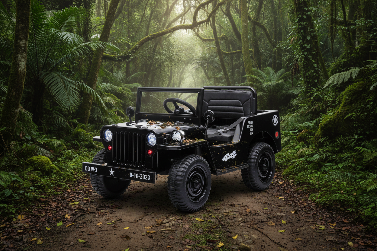 New 12v Kids Ride on Military Style Jeep with Remote in Black - Leather Seat EVA Wheels