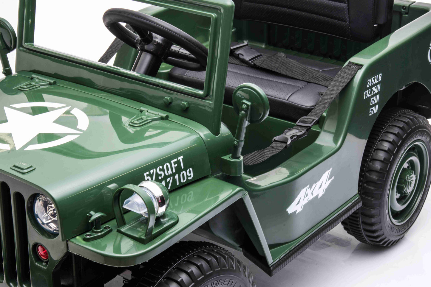 New 12v Kids Ride on Military Style Jeep with Remote in Army Green - Leather Seat EVA Wheels