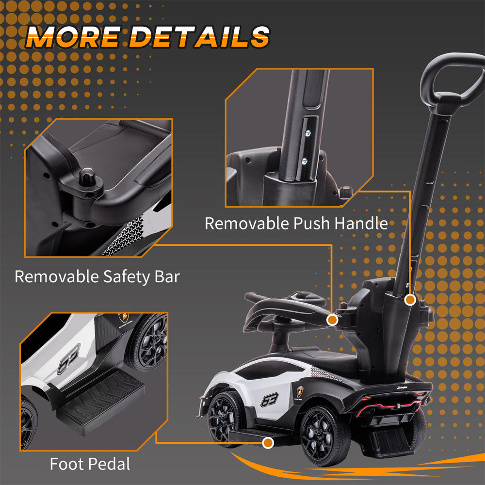 Lamborghini SCV12 Multi Function Foot to Floor Ride on Car with Push Handle - White