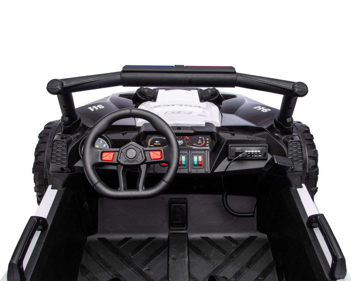 Police 24v Kids Two Seater Ride on UTV Buggy With Remote Leather Seats EVA Wheels 4 x Motors