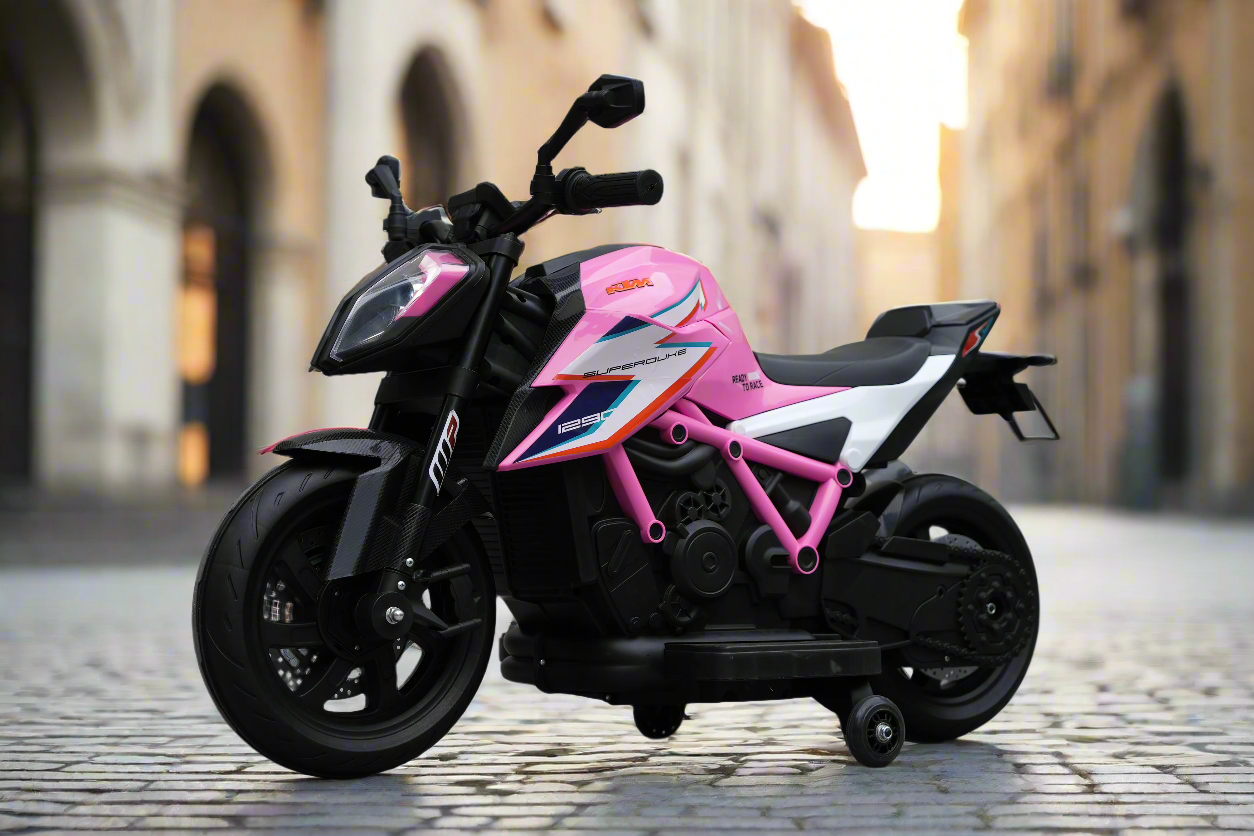 Genuine KTM Superduke 12v Electric Ride On Kids Motor Bike with Stabilizers - Pink