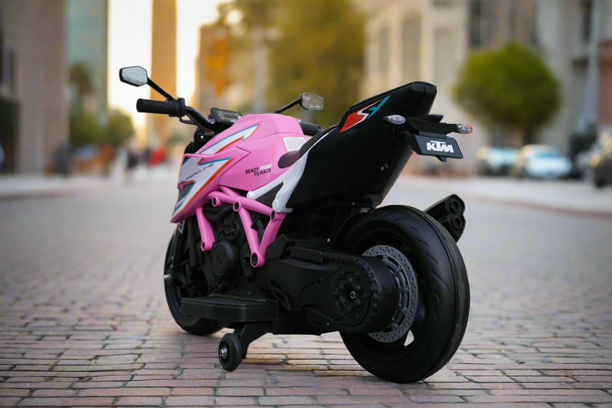 Genuine KTM Superduke 12v Electric Ride On Kids Motor Bike with Stabilizers - Pink
