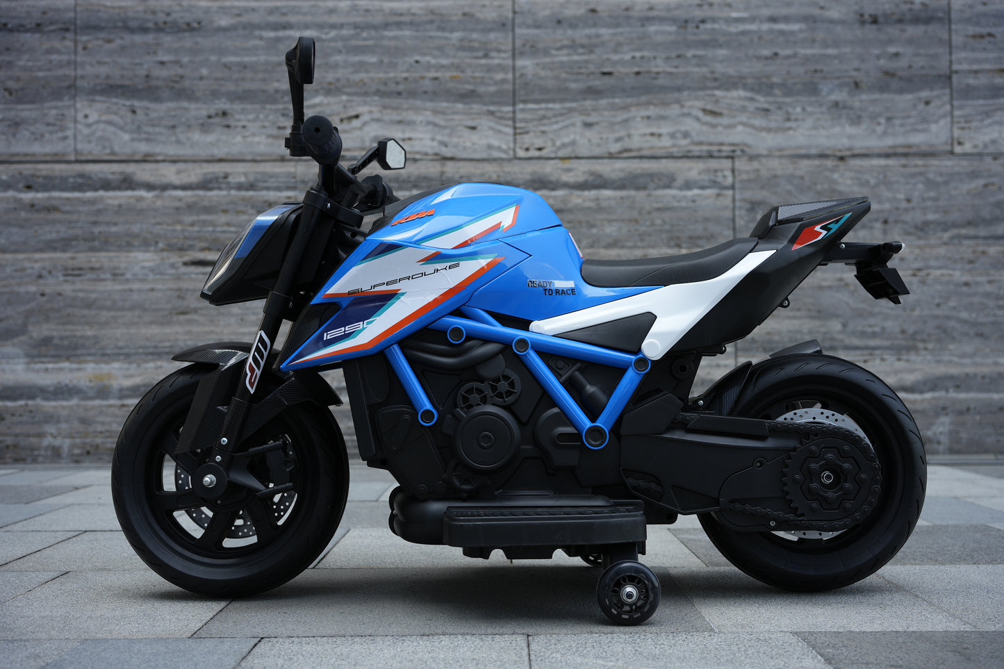 Licensed KTM Superduke 12V Ride On Kids Bike with Stabilisers - Blue