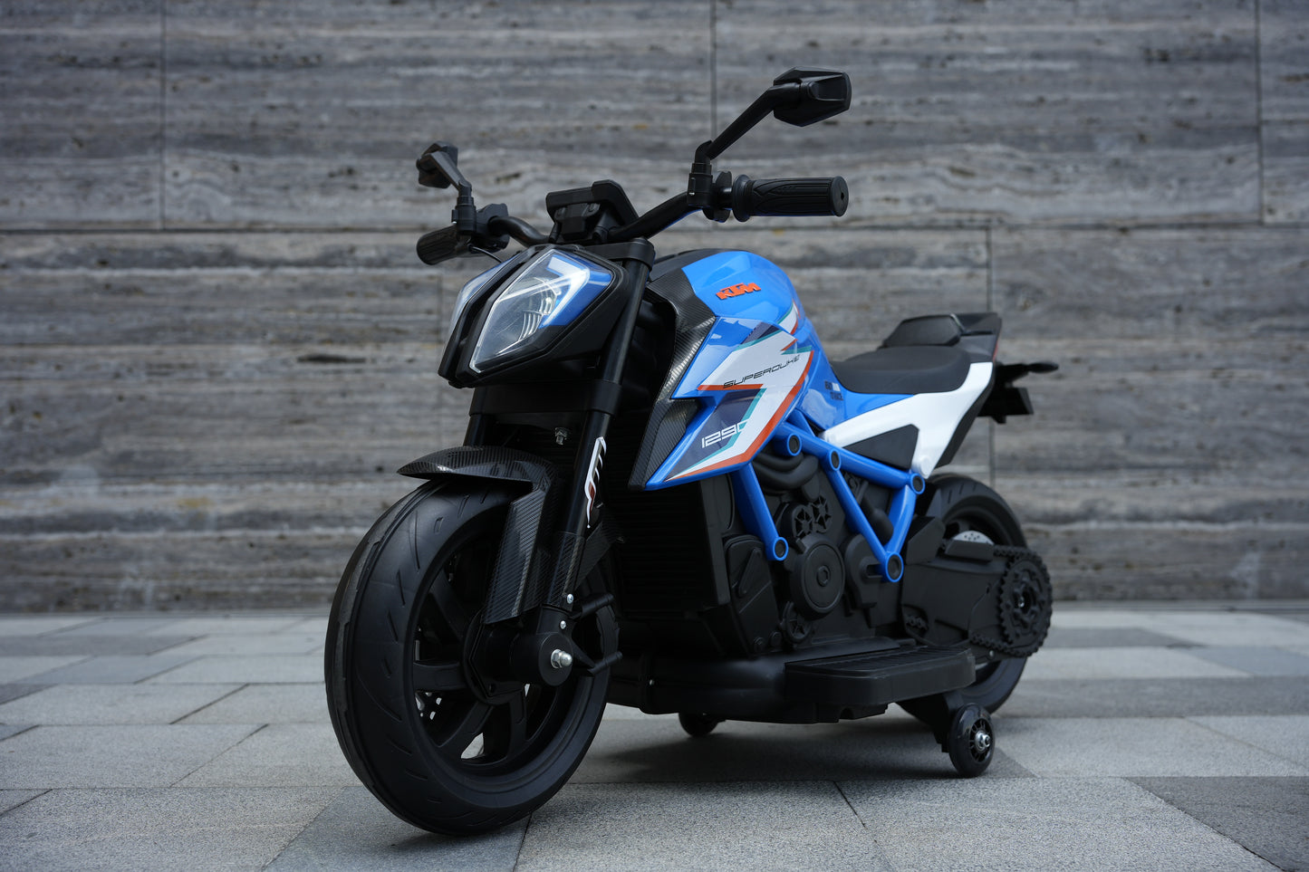 Licensed KTM Superduke 12V Ride On Kids Bike with Stabilisers - Blue