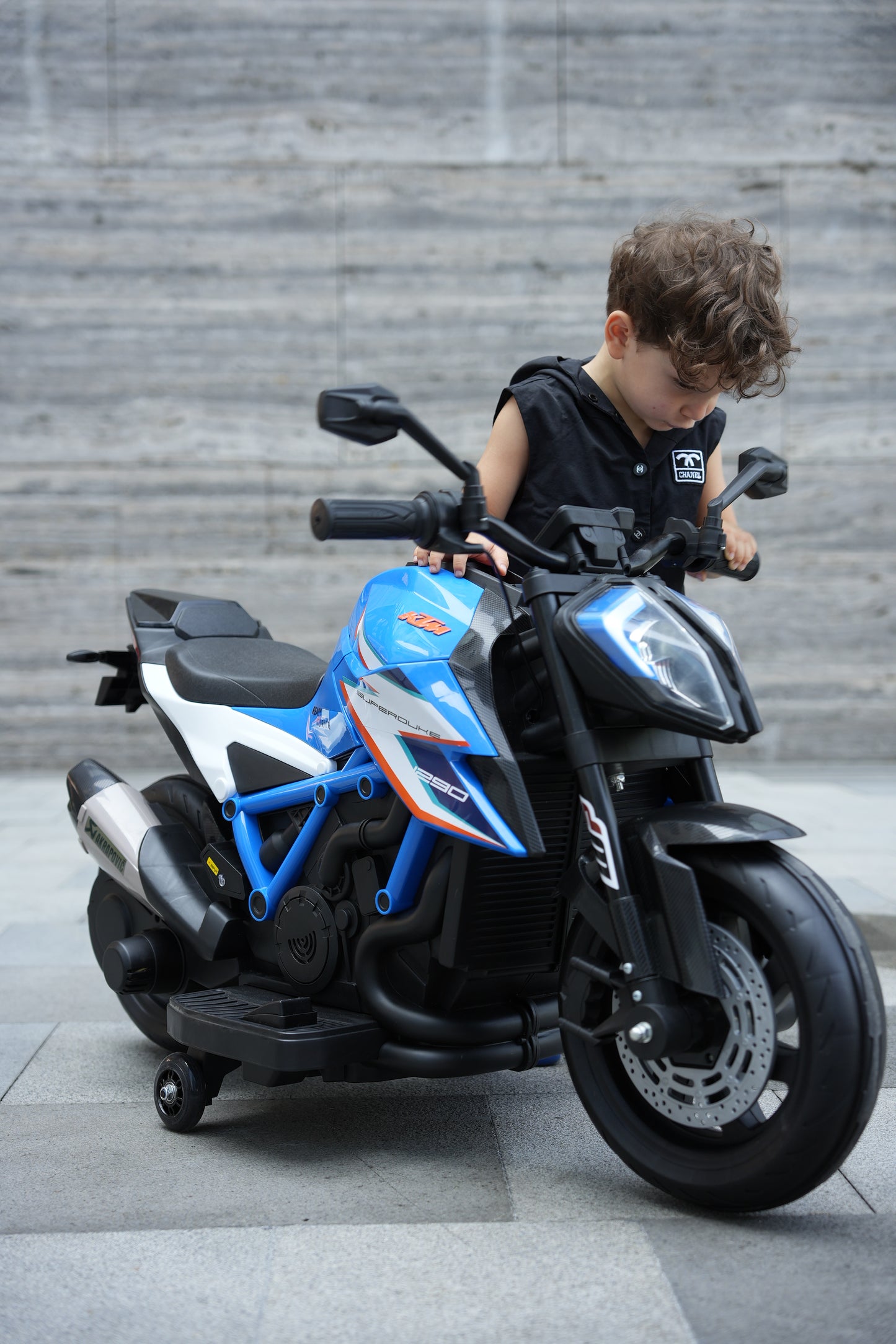Licensed KTM Superduke 12V Ride On Kids Bike with Stabilisers - Blue