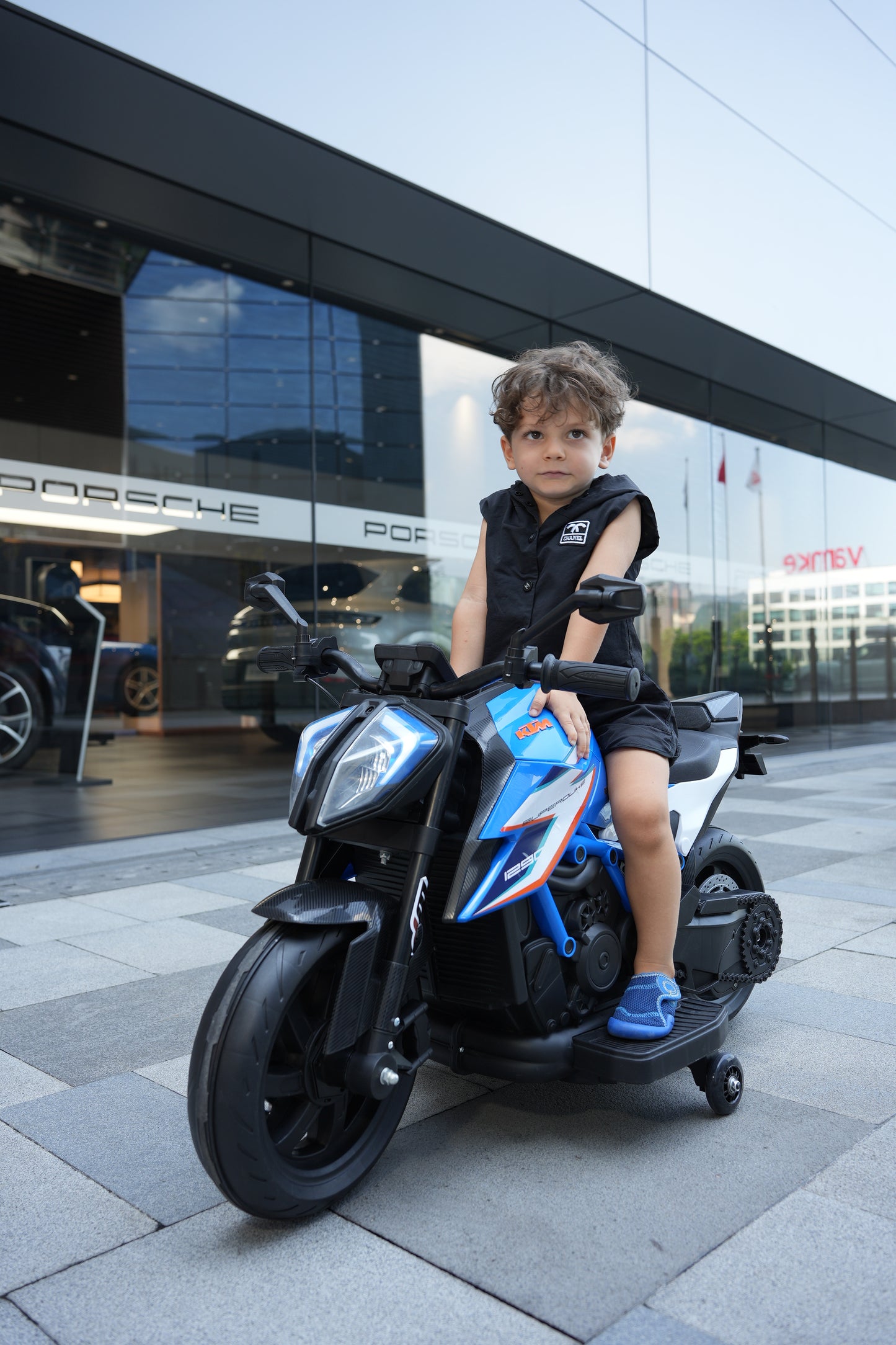 Licensed KTM Superduke 12V Ride On Kids Bike with Stabilisers - Blue