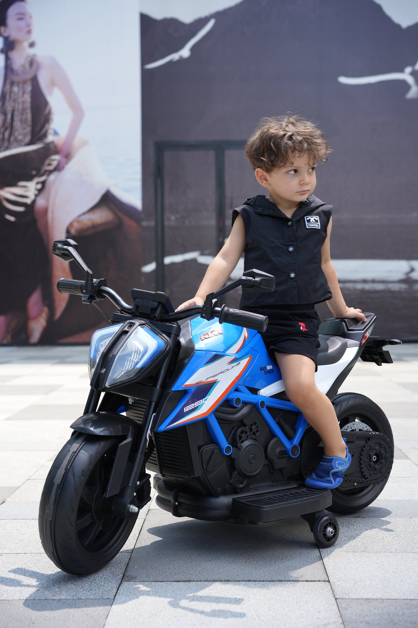 Licensed KTM Superduke 12V Ride On Kids Bike with Stabilisers - Blue