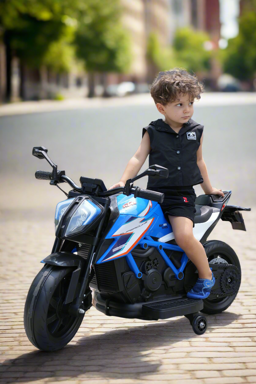 Licensed KTM Superduke 12V Ride On Kids Bike with Stabilisers - Blue