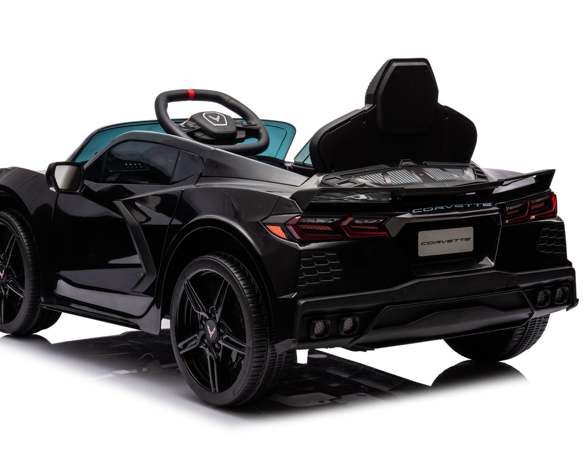 Corvette C8 Kids 12v Ride On Car with Remote in Black - Leather Seat & EVA Wheels