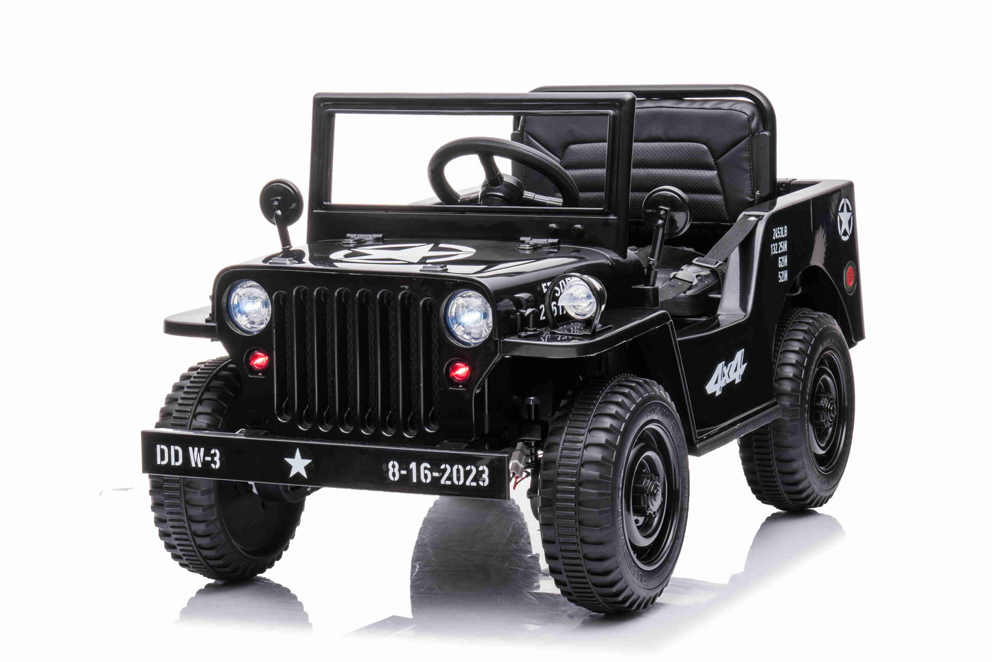 New 12v Kids Ride on Military Style Jeep with Remote in Black - Leather Seat EVA Wheels