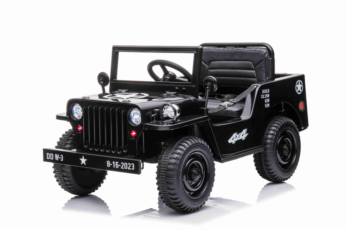 New 12v Kids Ride on Military Style Jeep with Remote in Black - Leather Seat EVA Wheels
