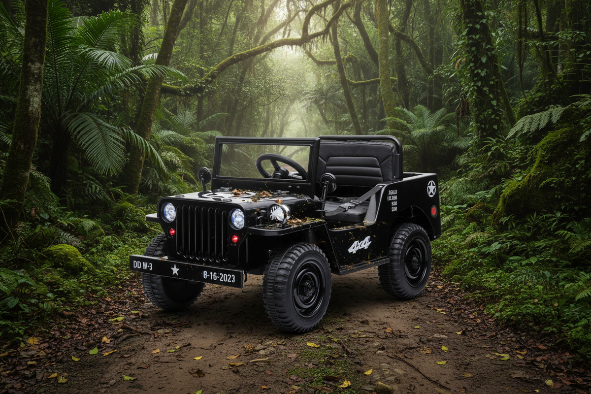 New 12v Kids Ride on Military Style Jeep with Remote in Black - Leather Seat EVA Wheels
