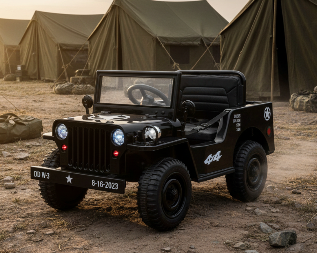 New 12v Kids Ride on Military Style Jeep with Remote in Black - Leather Seat EVA Wheels