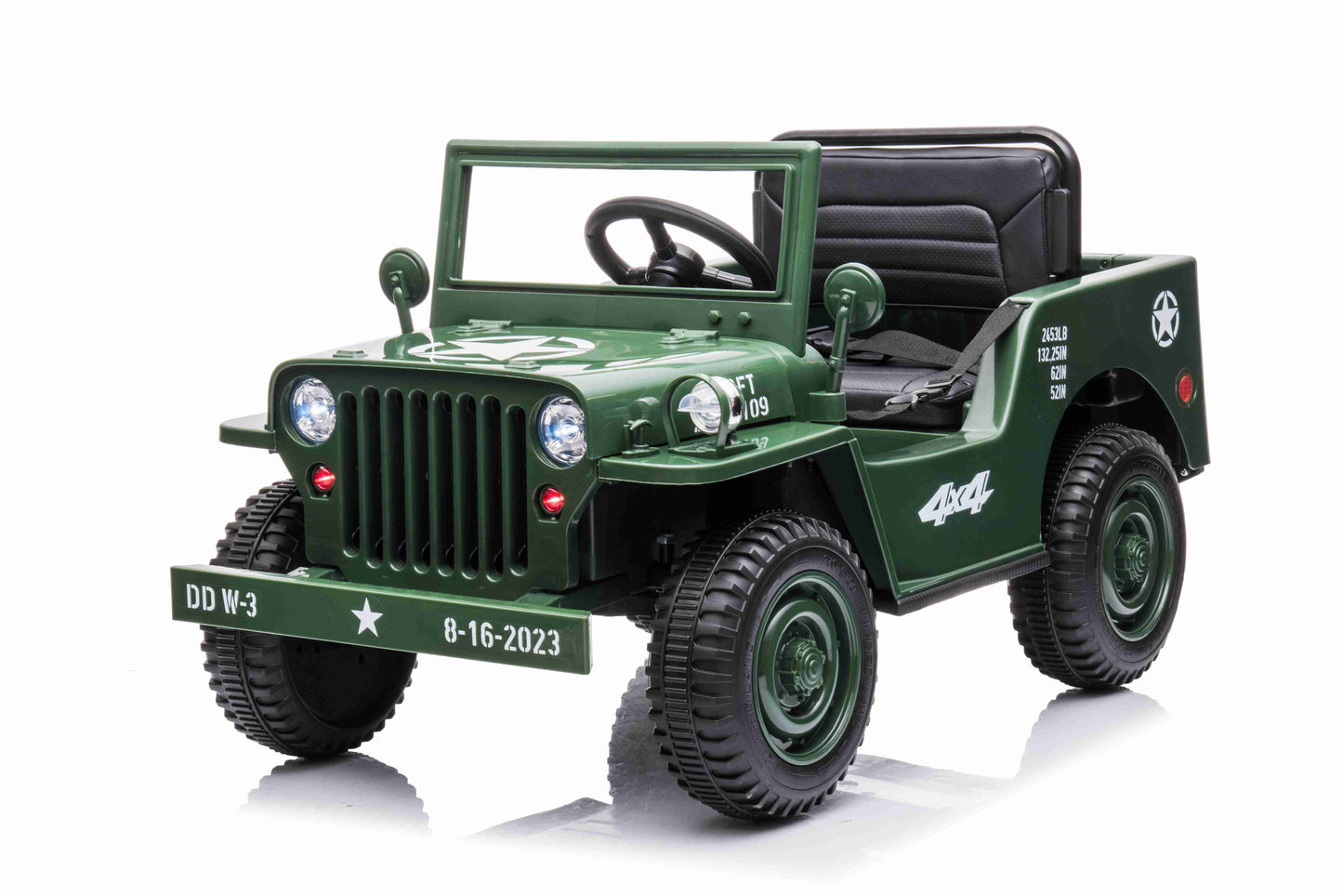 New 12v Kids Ride on Military Style Jeep with Remote in Army Green - Leather Seat EVA Wheels
