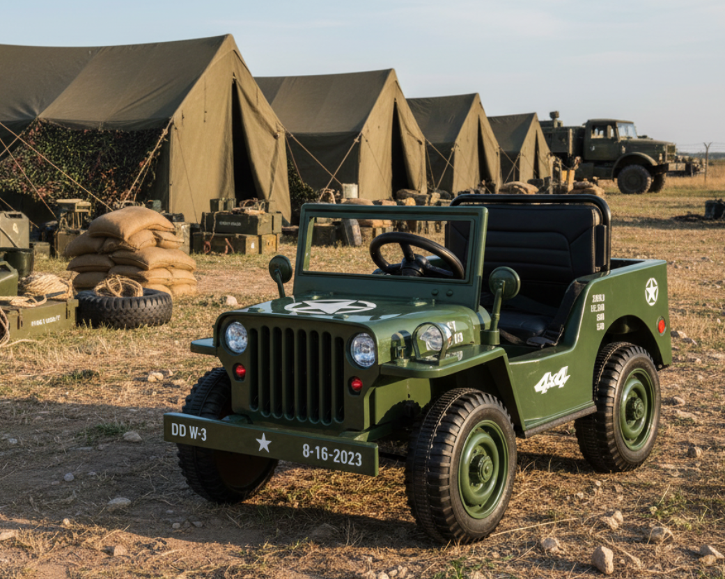 New 12v Kids Ride on Military Style Jeep with Remote in Army Green - Leather Seat EVA Wheels