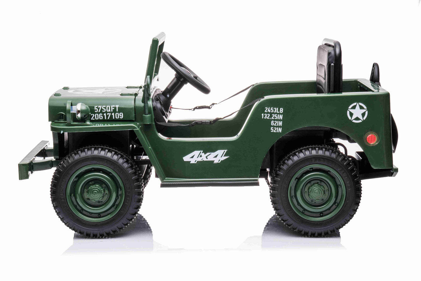 New 12v Kids Ride on Military Style Jeep with Remote in Army Green - Leather Seat EVA Wheels