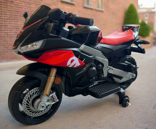 Aprilia RSV4 12V Ride On Kids Bike with Stabilisers - Black - Leather Seats EVA Wheels