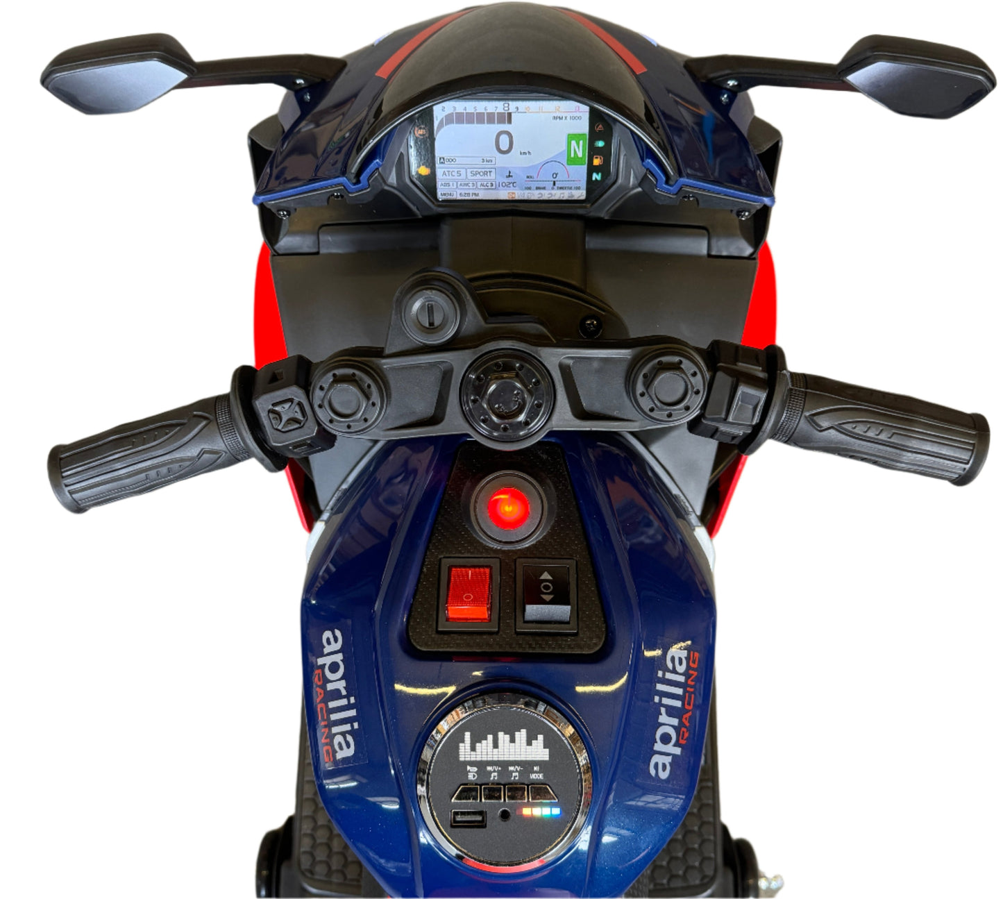 Aprilia RSV4 12V Ride On Kids Bike with Stabilisers - Blue - Leather Seats EVA Wheels
