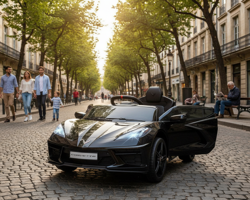 Corvette C8 Kids 12v Ride On Car with Remote in Black - Leather Seat & EVA Wheels
