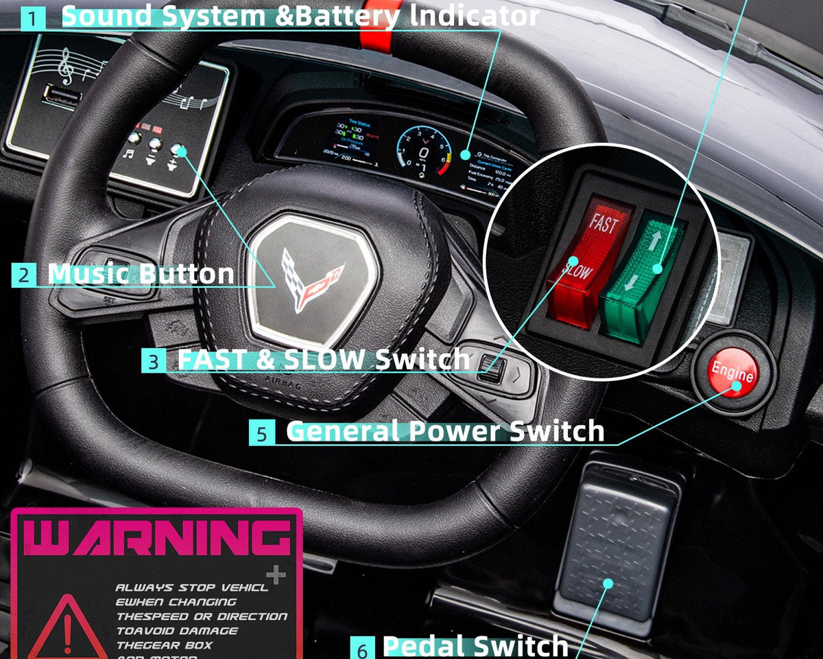 Corvette C8 Kids 12v Ride On Car with Remote in Black - Leather Seat & EVA Wheels