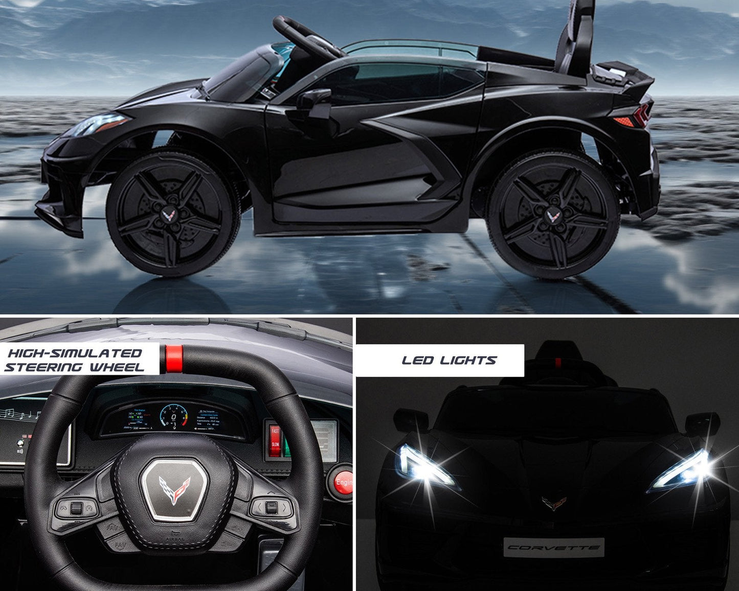 Corvette C8 Kids 12v Ride On Car with Remote in Black - Leather Seat & EVA Wheels