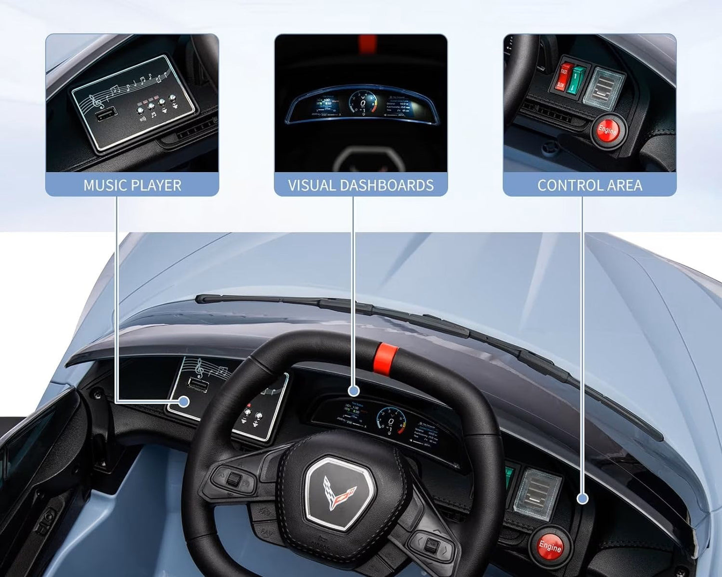 Corvette C8 Kids 12v Ride On Car with Remote in Blue - Leather Seat & EVA Wheels
