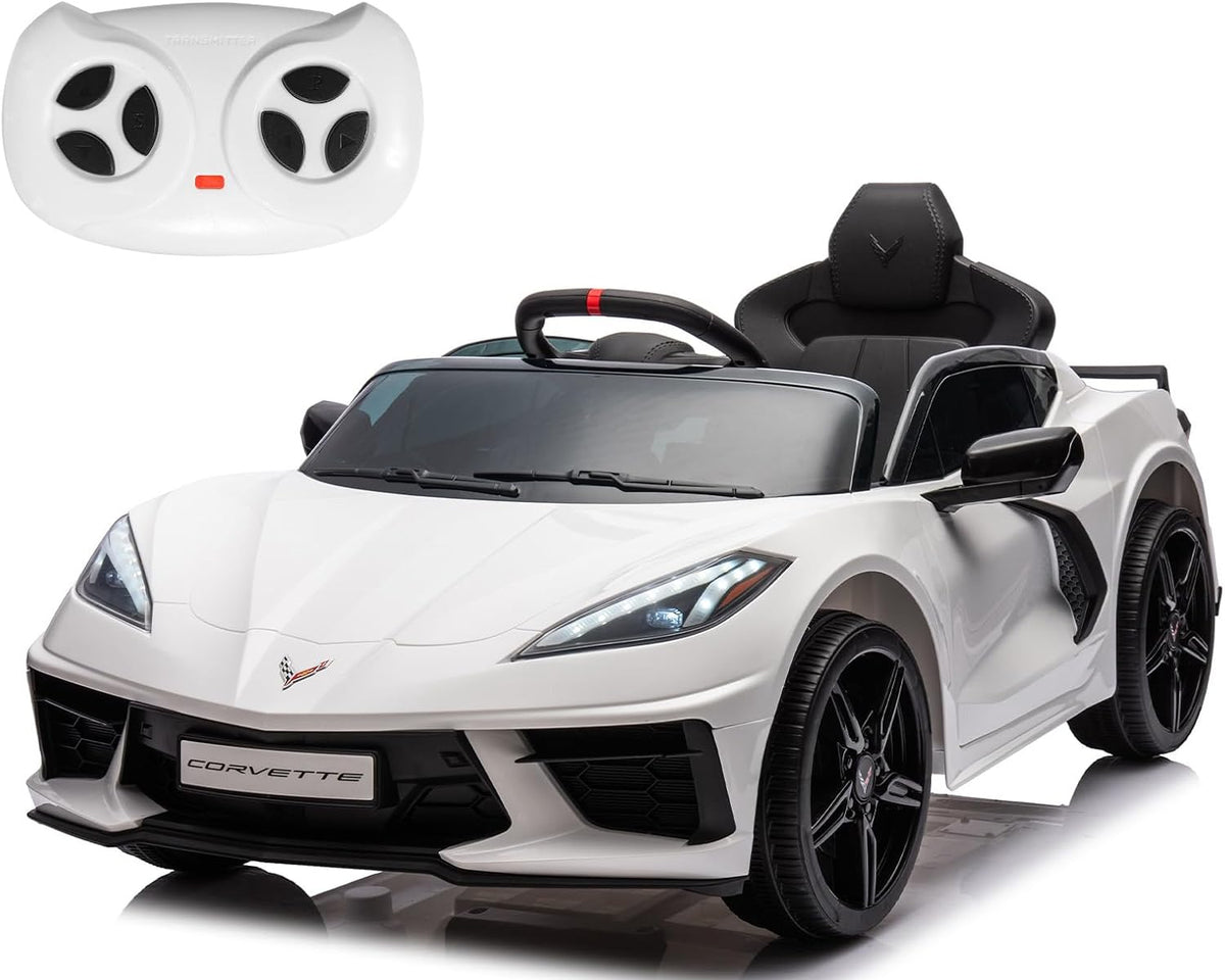 Corvette C8 Kids 12v Ride On Car with Remote in White - Leather Seat & EVA Wheels