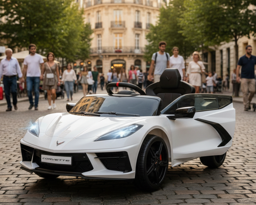 Corvette C8 Kids 12v Ride On Car with Remote in White - Leather Seat & EVA Wheels