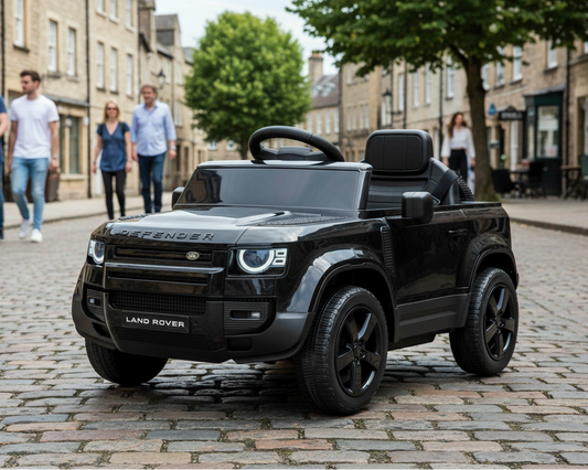 Land Rover Defender 12v Kids Ride On Car with Remote in Black - Leather Seat & EVA Wheels