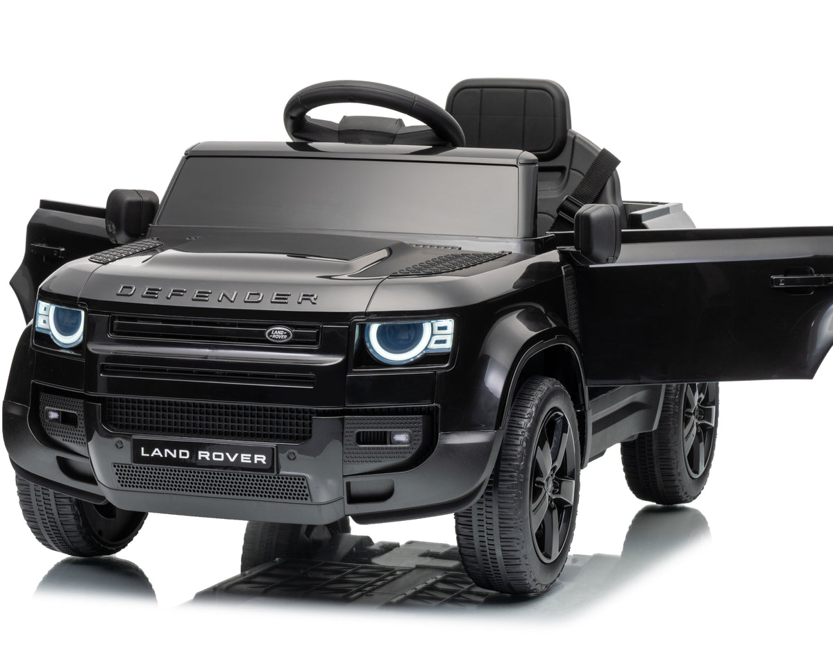 Land Rover Defender 12v Kids Ride On Car with Remote in Black - Leather Seat & EVA Wheels