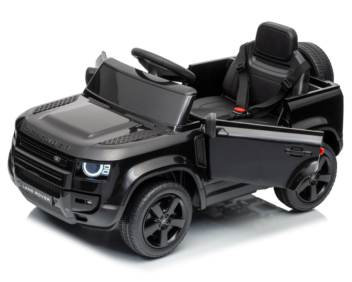 Land Rover Defender 12v Kids Ride On Car with Remote in Black - Leather Seat & EVA Wheels